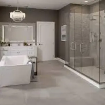 Spacious bathroom with walk-in shower and tub.